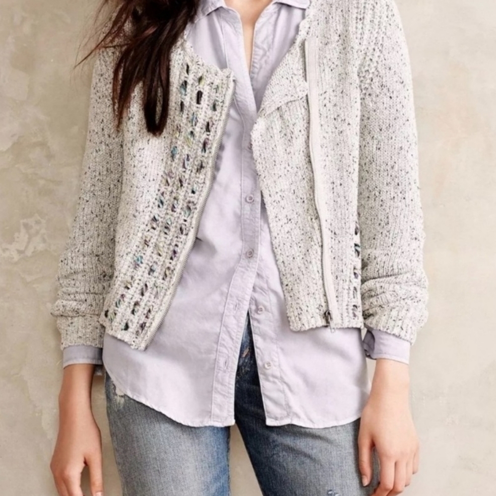 Anthropologie Gray Knitted Zip Sweater Small